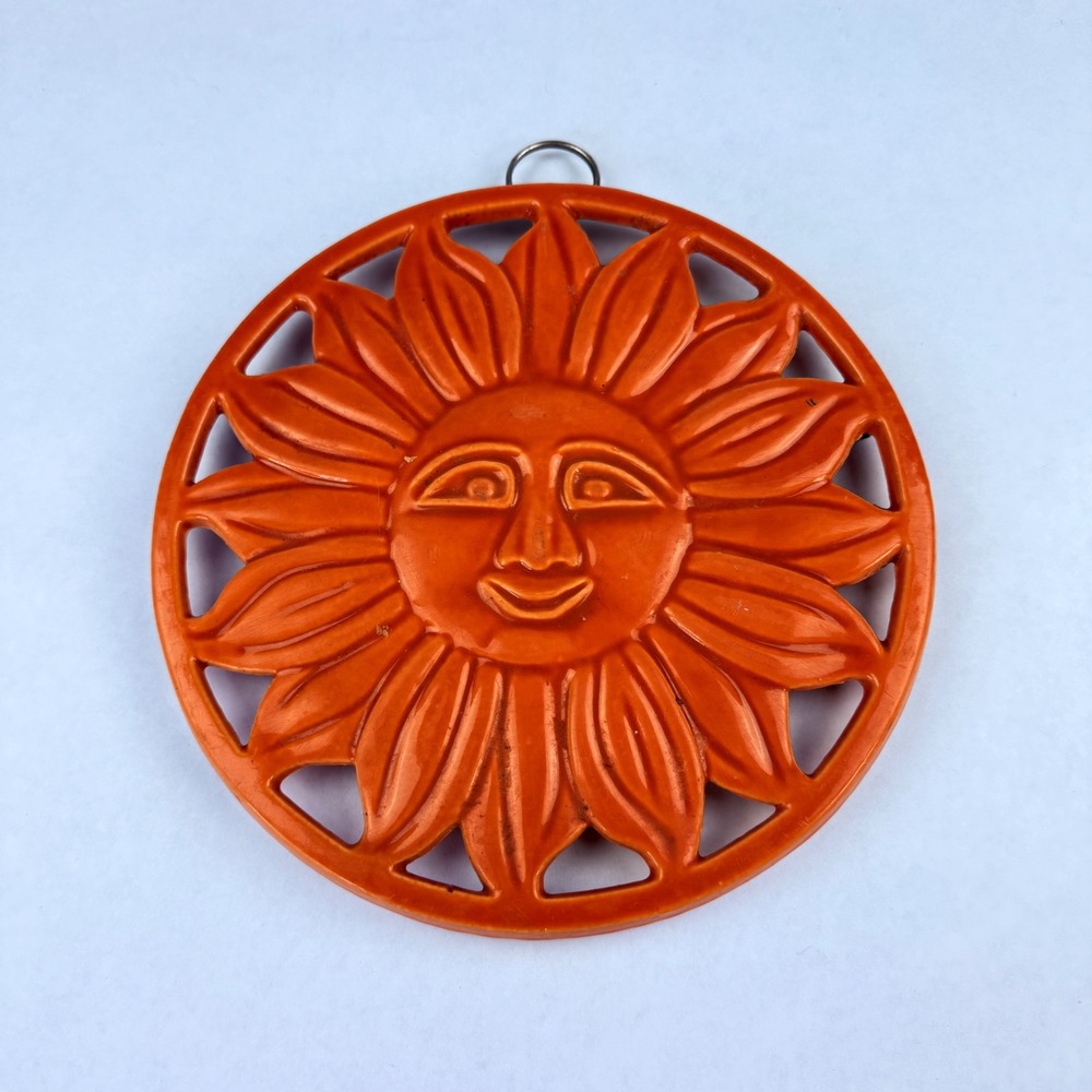 ODX 2010 Orange Ceramic Sun Face Trivet Wall Hanging Decor Kitchen Hot Pad 6in